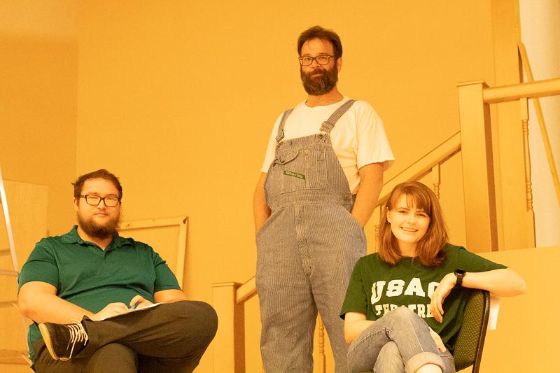 Students James Mounger (left) and Lynsey Karraker (right) with Technical Director Josh Herndon (Center), just a few of the students, faculty and staff involved in the Theater and Arts Department’s production of The School for Lies.
