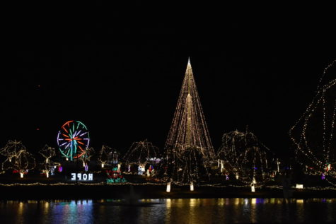 A far away shot showcases the beauty of Chickashas Festival of Light. A few main attractions include the Ferris Wheel and large Christmas tree made of lights. 