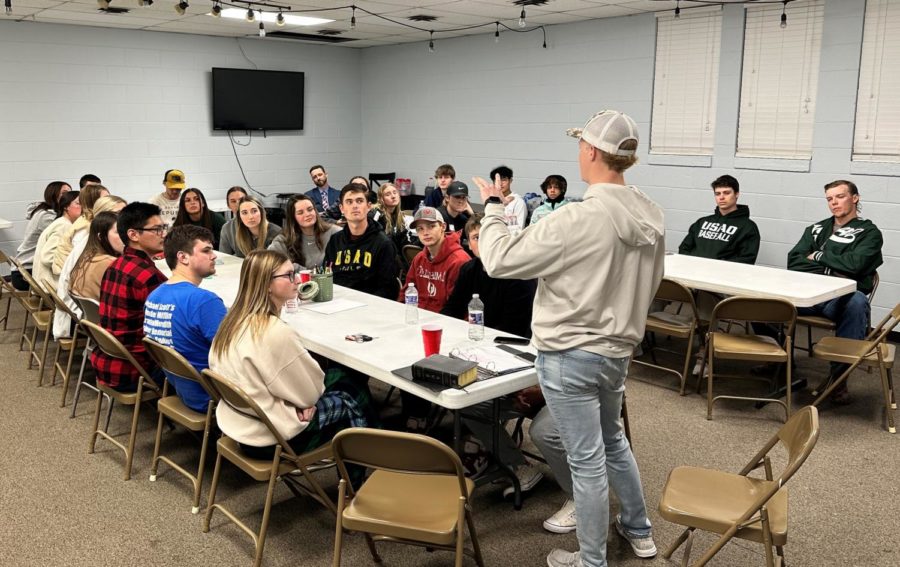 Grant Murphey leads the FCA Chapter at their weekly Wednesday night meetings at the BCM. 