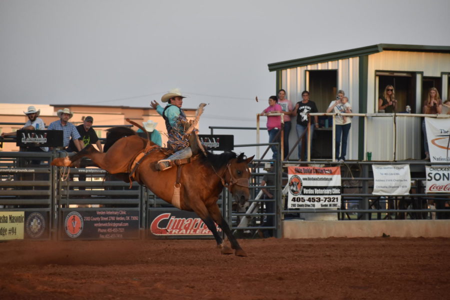The first event out of the shoots was the saddled bronc riding at the Grady County Fairgrounds.