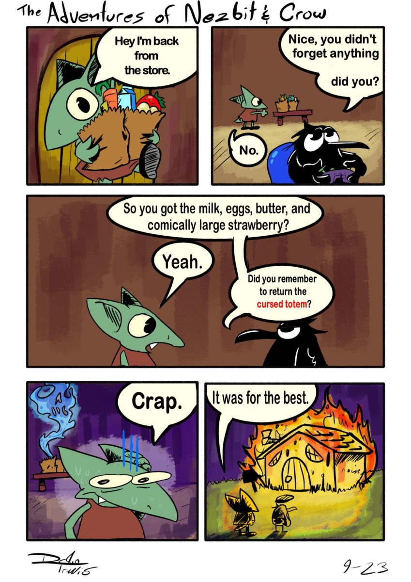 This five-panel comic is the first in Destins series focusing on magical creatures. Nezbit and Crow start this series with a firey entrance. 