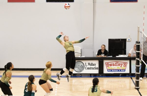 Victoria Southerland goes up for a kill, while her teammates Madison Garcia, Andrea Maldonado, Soleil Trejo, and Samantha Perez prepare for their opponents defense. 
