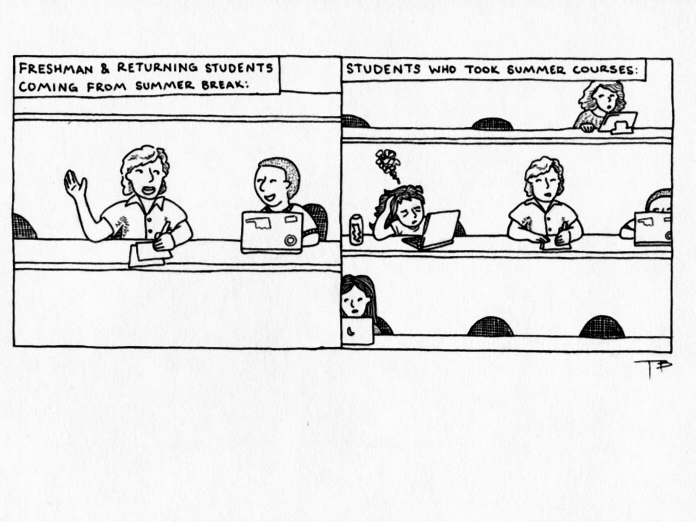 The two panel comic illustrates the various emotions students feel as they sit in class once again this fall. 
