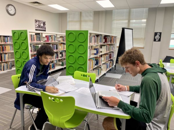 Zachary Robinson (left) and Zakery Conover go over material together for their upcoming midterms in Nash Library.