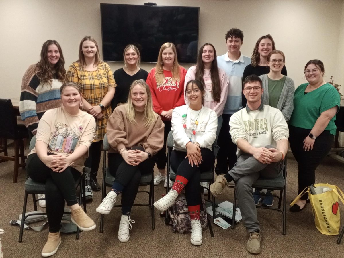 As their trimester of student teaching came to a close 13 students attended a reception in Gary Hall, including (front row, left to right) Nicole Bullington, Payton Jones, Carlen Figueroa, Mike Hixson, (back row, left to right) Hannah Gentry, Morgan Mulach, Morgen Hollingshed, Ladonna Phariss, Alexica Jay, Colton Pennel, Hope Link, Elizabeth Walters, Montanna Patzack. 
 
Not pictured: Aubrey Thomas
