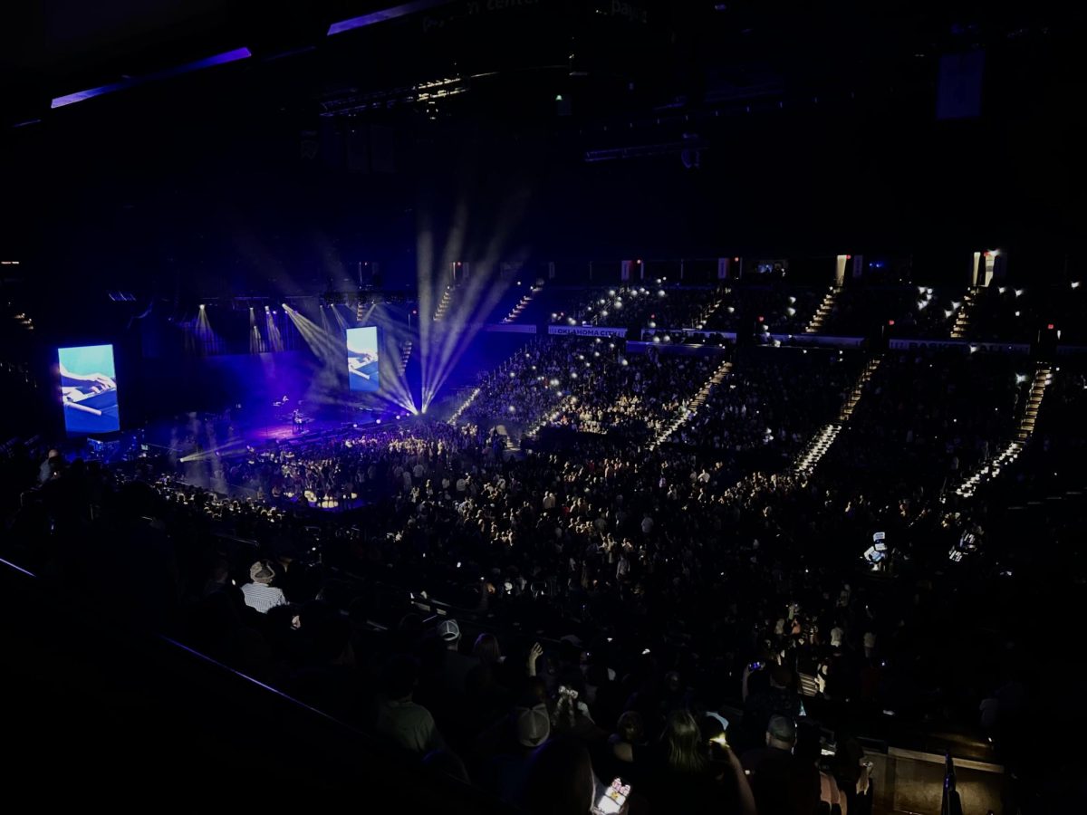 A wide view of the Paycom Center shows the nearly 8,000 fans who came to listen and watch AJR perform in their Maybe Man Tour.