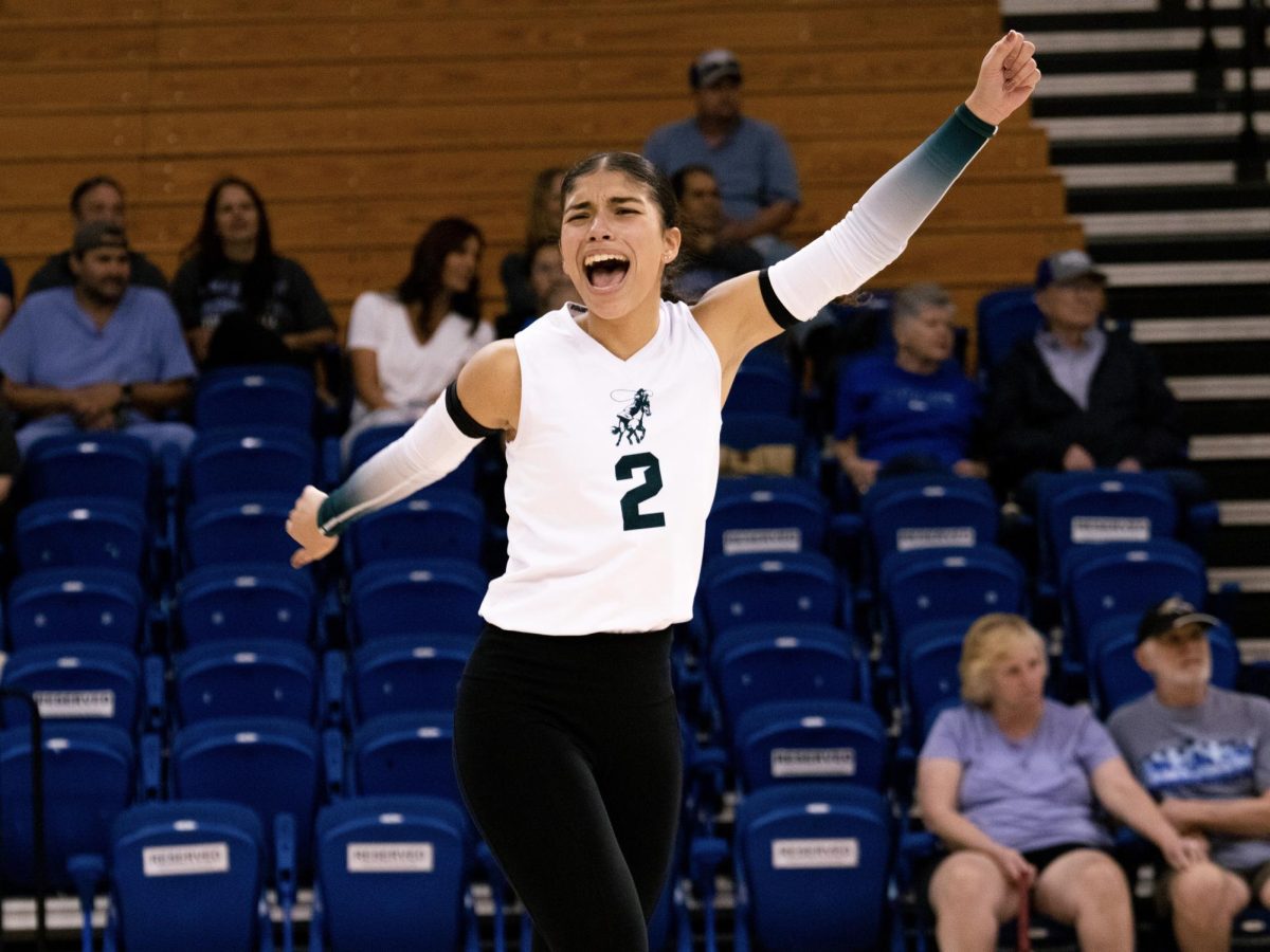 Senior Yaiza Larrauri celebrates after a play against Oklahoma City University in 2023. 