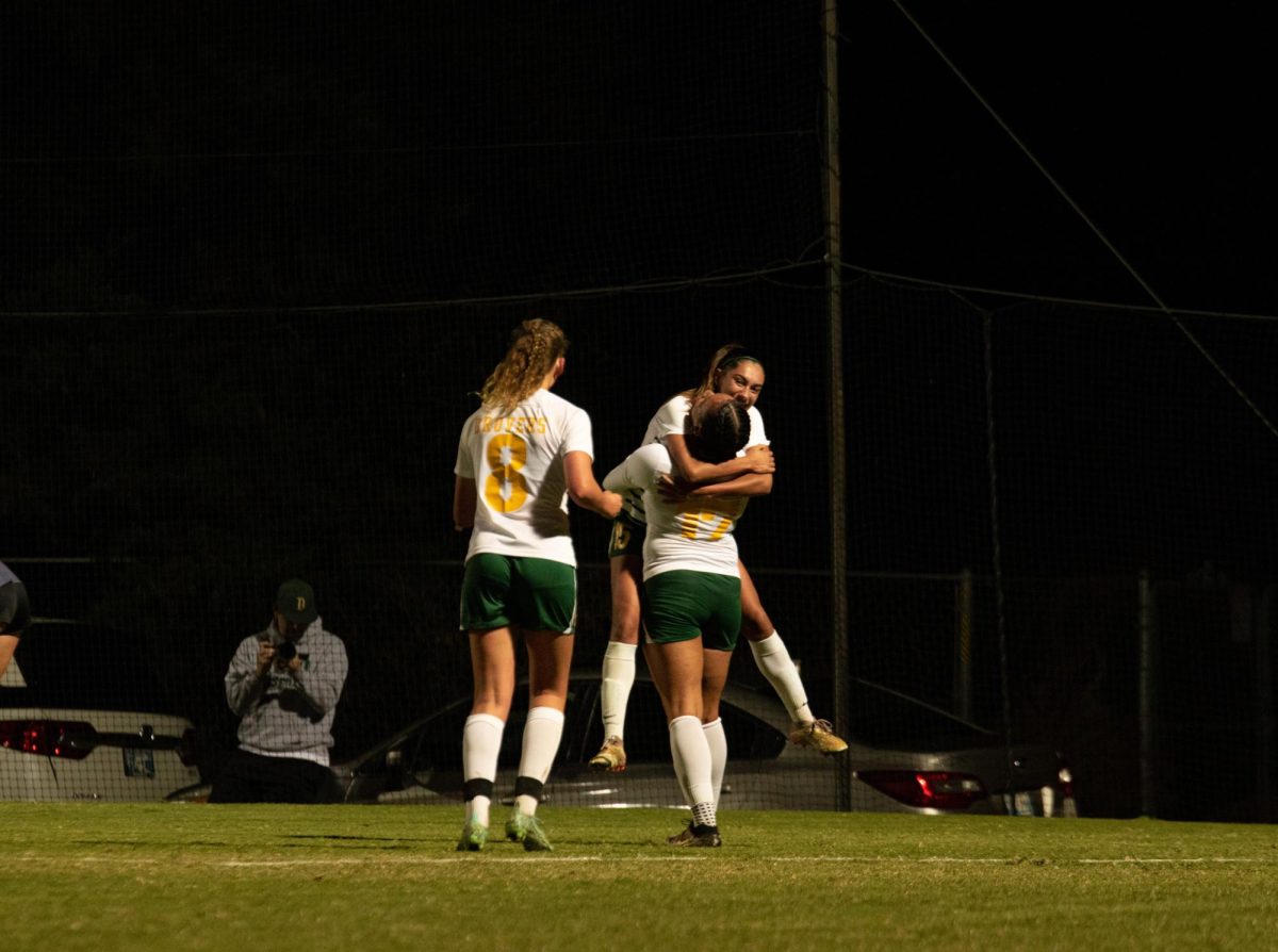 Sophomore forward Paula Casajus and Sophomore forward Daniela Salinas celebrate after scoring against SCU. 