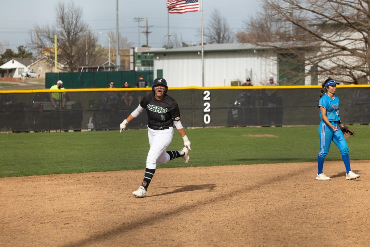 Sierra Selfridge rounds the bases after hitting a home run against Our Lady of the Lake University on Feb. 24, 2025. 